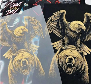Film de transfert thermique DTF personnalisé à paillettes dorées, motifs d'icônes rock et d'aigles pour T-shirts tendance - Product Image 3