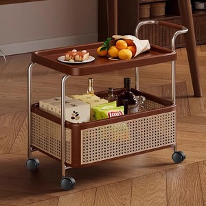 無垢材可動式収納中世風トロリーリビングルームソファコーヒーテーブル収納ラック籐製スナックカート - Product Image 1