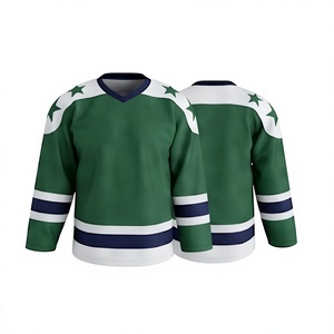 Maillot de hockey sur glace personnalisé pour homme, vert, blanc, bleu marine, col en V, manches longues, 100 % polyester, tissu en maille respirant, sublimation intégrale - Product Image 1