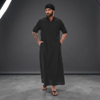Thobe en coton noir pour homme, manches courtes, longueur cheville, coupe ample, style Moyen-Orient, couleur unie, respirant, pour usage quotidien décontracté