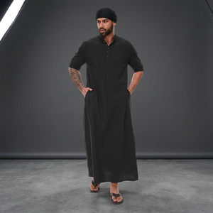 <b>Men's</b> Black Cotton <b>Thobe</b> Short Sleeve Ankle Length Casual Daily Wear Loose Fit Middle East Style Solid Color Breathable Robe - Product Image 5