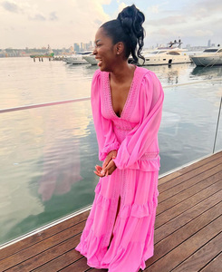 6 Couleurs V-NECK <span class=keywords><strong>Crochet</strong></span> Dentelle Femmes Robe À Manches Longues Maxi Robe À Volants Ourlet Femmes Vêtements - Product Image 6
