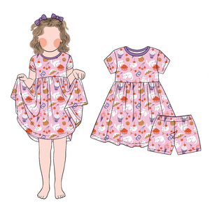 Conjunto de Vestido de Manga Corta con Estampado de Cerezas y Pantalones Cortos para Niñas Pequeñas, Nuevo Modelo, Diseño Moderno y Personalizado - Product Image 3