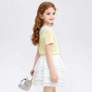 Conjunto de 2 piezas para niñas, top con cuello marinero y ribete de encaje y falda en capas, conjunto de ropa informal de verano para niños - Product Image 3