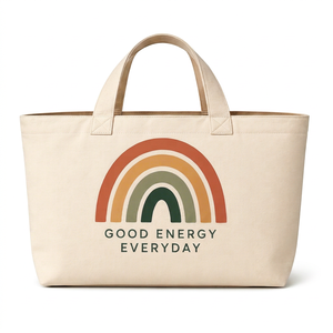 กระเป๋าผ้าแคนวาส Good Energy Everyday ขนาด 18x12x6 นิ้ว กระเป๋าช้อปปิ้งขนาดใหญ่พิมพ์ลายสายรุ้ง - Product Image 1
