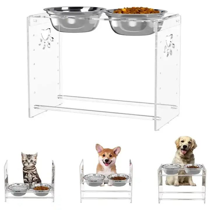 Customized Clear Acrylic Elevated Double Pet Bowls Adjustable Stand Raised Tilted Dog & Cat Feeder Dish Holder