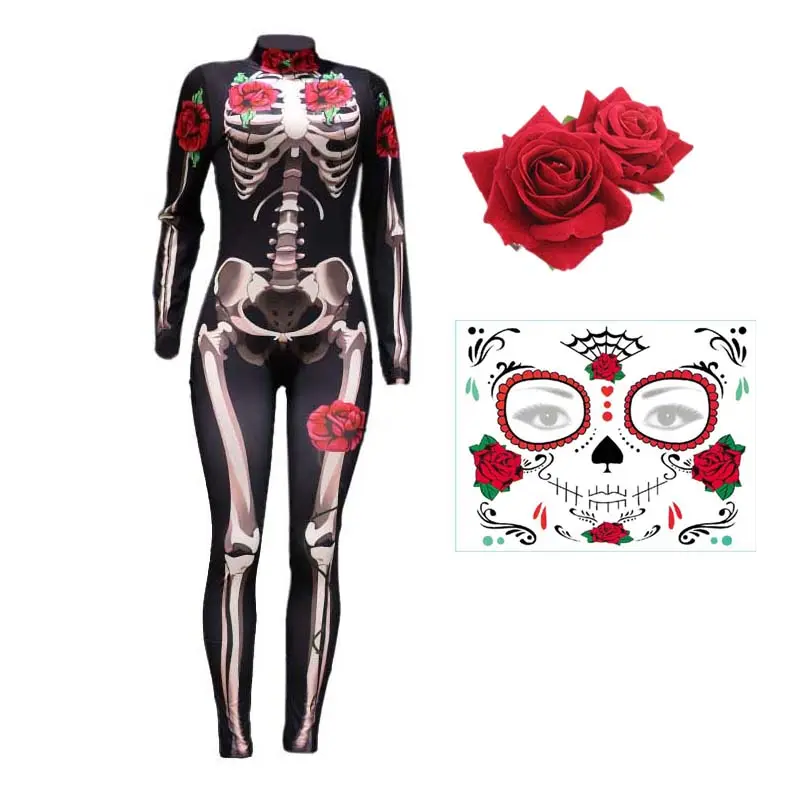 Halloween Cosplay Rose Skull Adult Kids Sexy 1pcs Jumpsuit Horror Costume With Flower headwear JCDR-007