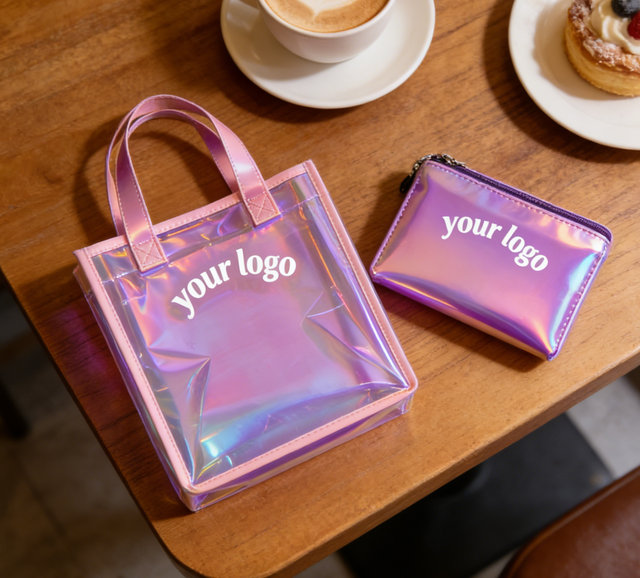 Fashion Design pink Shiny Shoulder Bag Transparent Holographic Pvc Iridescent Tote Bag with Custom Printed logo