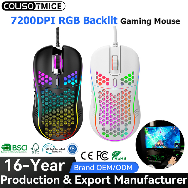 Wholesale 7200DPI Optical Gaming Mouse Ergonomic RGB USB Wired Mouse for Computer Office Gamer Mice Honeycomb White Gaming Mouse