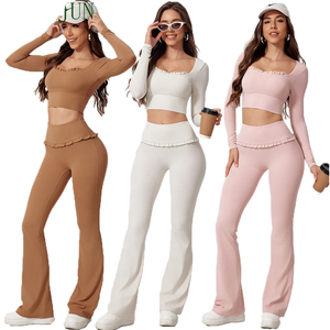 Ensemble de sport 2 pièces respirant à logo personnalisé, motif écossais, taille haute, en Spandex/Nylon, pour femme, avec lacets, idéal pour le yoga et l'entraînement en extérieur - Product Image 1