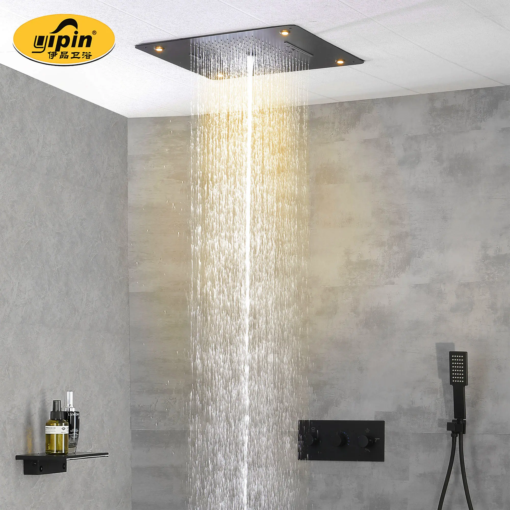 Thermostatic Bathroom Concealed LED Shower Mixer Set Big Rainfall Waterfall Ceiling Shower Faucet Contemporary Square 9104 Black