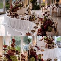 Table de banquet modulaire en forme de croissant, style ferme, plateau en bois foncé, pieds en acier, design serpentin, pour hôtels et événements de mariage