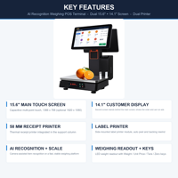 Caisse enregistreuse tout-en-un, système POS, double écran tactile 15,6 + 14,1 pouces, pesage AI, Windows Intel I3, blanc/noir