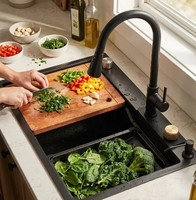 Évier de cuisine moderne fait main Smart Waterfall en acier inoxydable 304 noir nano, grand bac unique, pour maison, hôtel, vente en gros
