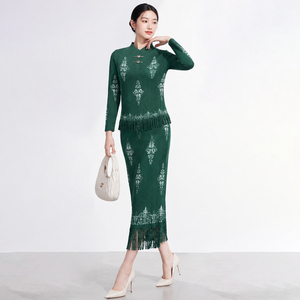 Ensemble décontracté de haute qualité pour femmes grandes tailles, style chinois, imprimé floral, longueur cheville, col roulé plissé - Product Image 4