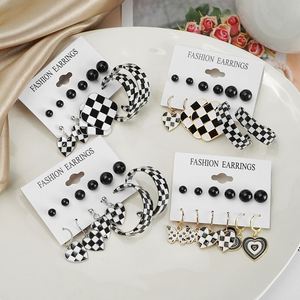 Vintage Love Geometric Checkerboard Drop <b>Earrings</b> Set for Women Fashion <b>Black</b> White Lattice Heart <b>Stud</b> <b>Earring</b> Jewelry - Product Image 1
