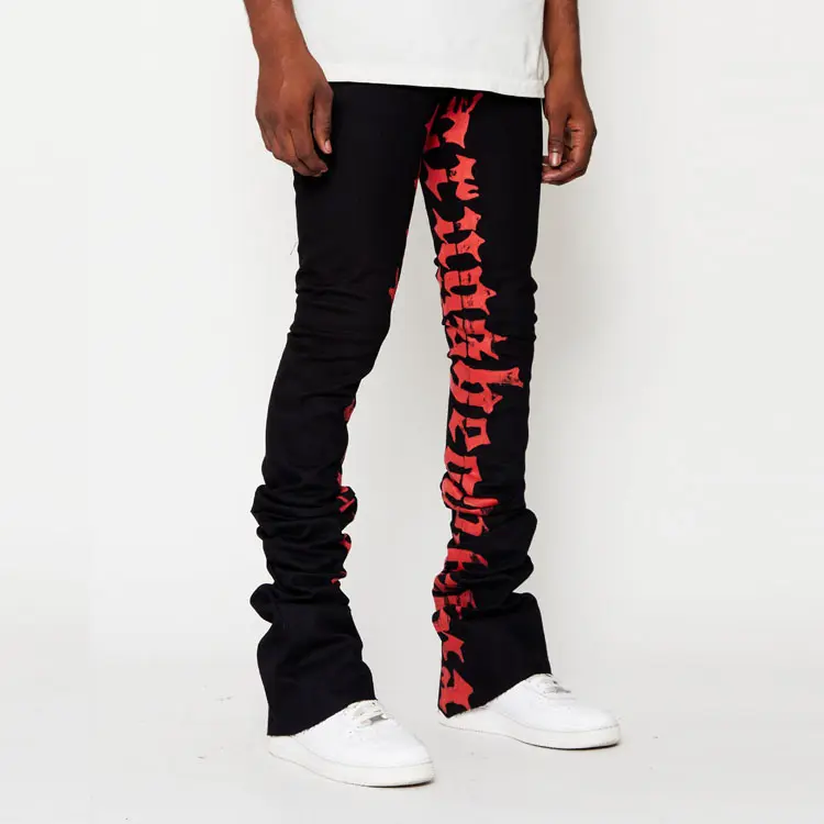 Mens stacked pants inside printed mens custom denim stacked jeans pants