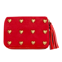 Portefeuille en PU arrondi avec fermeture éclair, pompon et clous en forme de cœur, pochette pour femme, portefeuille en cuir végétalien pour femme, Billetera De Mujer, vente en gros d'usine