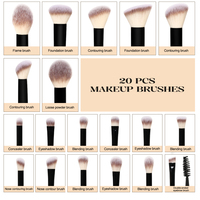 Ensemble de 20 pinceaux de maquillage professionnels personnalisés avec logo, 3 couleurs, poils synthétiques, virole en aluminium noir, manche transparent.