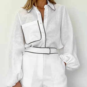 Abito da ufficio in <span class=keywords><strong>lino</strong></span> di cotone di alta qualità da <span class=keywords><strong>donna</strong></span> bianco ampio Casual Shorts due pezzi set per l'estate - Product Image 1