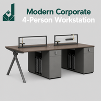 Poste de travail moderne de luxe gris spatial pour 4 personnes, design italien, placage bois, avec rangement intégré et boîte à câbles