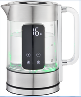 Bouilloire électrique intelligente en verre borosilicate de 1,7 L, à double paroi, avec protection contre l'ébullition à sec et arrêt automatique, vente en gros