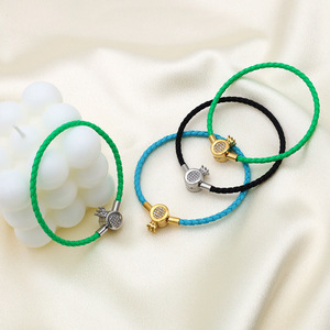 Fashion Woven <b>Leather</b> <b>Bracelet</b> Crown Snap Clasp Zircon Inlay Women's Gift Jewelry - Product Image 1
