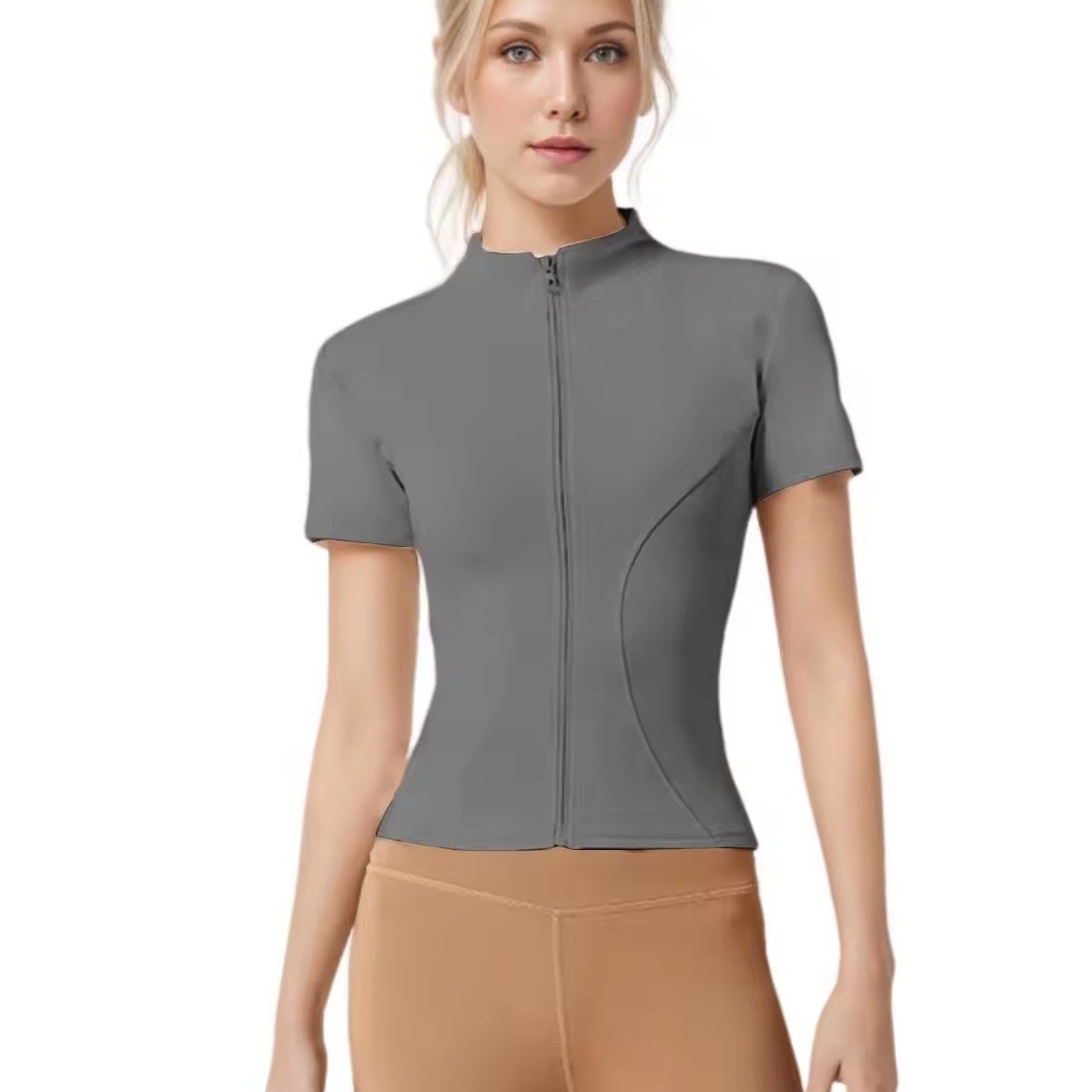 Women's Yoga Clothing Breathable Quick-Dry Tight-Fitting for T-Shirt Nine Quarter Sleeve Running Pilates Stand Collar Zipper
