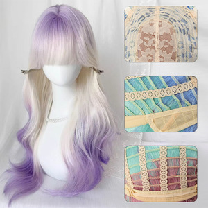 Perruque longue bouclée 62 cm de marques nationales, dégradé violet, blanc laiteux, avec raie latérale et frange, dentelle transparente, ligne de cheveux naturelle - Product Image 2