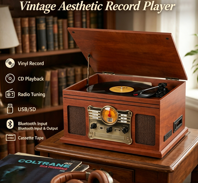 Professional Vintage Aesthetic Wooden Record Player All-In-1 Wireless HiFi Music Hub Turntable CD Cassette Radio USB SD RCA