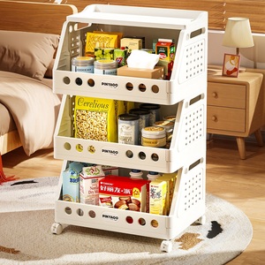 Stackable Tilt Front Open Storage Basket Wheeled Snack Organizer Rack Freestanding Household Food Pantry Storage Shelving