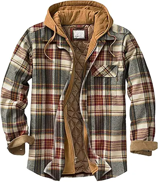High Quality Amazon Hot selling Winter Fashion Men Coats Lined Hooded Plaid Shirt Jacket