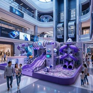 Aire de jeux intérieure géante sur le thème de l'espace futuriste, tour fusée science-fiction, toboggan multi-voies violet et piscine à balles interactive - Product Image 1