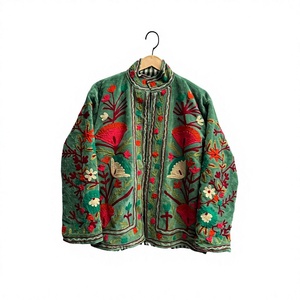 Chaqueta de Mujer con Cuello Mandarín, Bordado Floral a Mano, Verde, Algodón, Manga Larga, Estilo Étnico, Ropa Exterior de Primavera - Product Image 1
