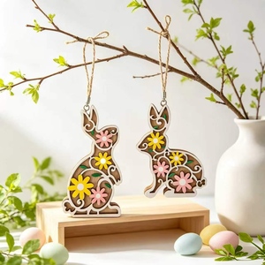 Decorazione Pasquale in Legno a Forma di Coniglio, Ornamento Floreale a Doppio Strato per Mensole e Vassoi, Stile Rustico - Product Image 1