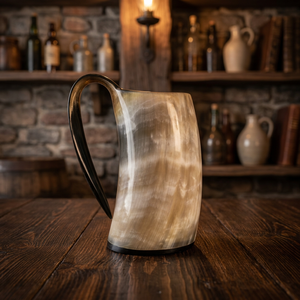 Tasses en corne de bœuf viking naturelles de haute qualité, écologiques, légères, portables, pour le camping, style ancien, lavables au lave-vaisselle, avec couvercle en bambou - Product Image 1