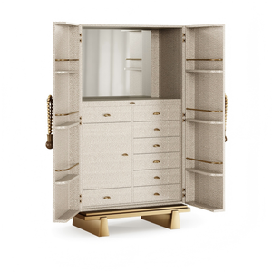 Armoire de rangement haute de style moderne <span class=keywords><strong>et</strong></span> luxueux en <span class=keywords><strong>bois</strong></span> massif <span class=keywords><strong>et</strong></span> panneaux métalliques avec 5+ tiroirs, design écologique pour salon <span class=keywords><strong>et</strong></span> chambre à coucher - Product Image 2
