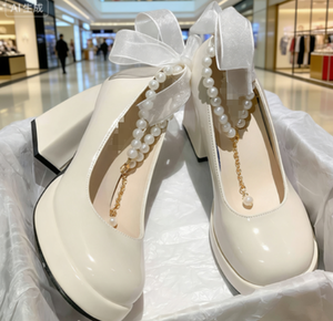 Thick <b>Heel</b> Sole Increased Mary Jane Four Seasons Pearl Detail - Product Image 2