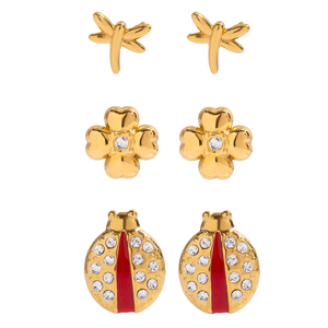 <span class=keywords><strong>Orecchini</strong></span> a Perno J&D in Acciaio Inossidabile Placcato Oro 18K PVD con Strass Bianchi, Quadrifoglio e Coccinella con Smalto Rosso - Product Image 6
