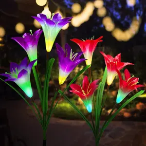พลังงานแสงอาทิตย์ LED ลิลลี่โคมไฟดอกไม้ประดิษฐ์ที่มีสแตนเลสติดพลังงานแสงอาทิตย์ลิลลี่ดอกไม้แสงสำหรับการตกแต่งภูมิทัศน์
