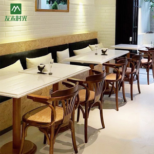 Ensemble de meubles de café en <span class=keywords><strong>bois</strong></span> écologiques de style industriel moderne Wabi Sabi, <span class=keywords><strong>table</strong></span> ronde, chaises, <span class=keywords><strong>fauteuil</strong></span> individuel pour restaurant - Product Image 1