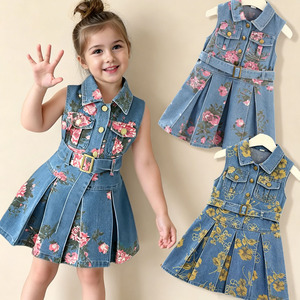 Vestito Estivo in Denim Senza Maniche per Bambine, Gonna in Denim con Stampa Floreale, Outfit Alla Moda per Ragazze - Product Image 1