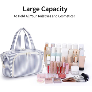 OEM Striped Cosmetic <b>Bag</b> Travel Toiletry Organizer Women <b>Makeup</b> Storage Pouch with Handle <b>Large</b> Capacity Wholesale Supplier - Product Image 5