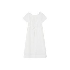 Demana Artistic Style Pure Cotton Dress Women Size 26 Summer New Arrival Elegant Hollow Out Short Sleeve Tie Waist Midi Skirt - Product Image 4