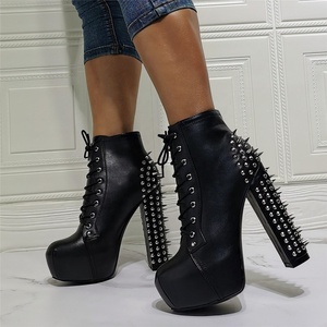 Autumn Spike Rivets Ornament Round Toe Platform Front Lace up Daily Women Ankle <b>Boots</b> High Chunky Heel Big Size 47 - Product Image 2