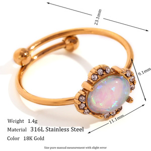 Vintage Synthetic <b>Opal</b> Open Adjustable 316L Stainless Steel <b>Ring</b> 18K <b>Gold</b> Plated Bohemian Fashion Finger Jewelry For Women - Product Image 2