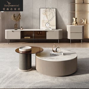 طقم طاولة قهوة دائرية فاخرة بتصميم إيطالي عصري مع خزانة طاولة شاي، حجم عائلي، معدني لغرفة المعيشة بجانب الأريكة - Product Image 2