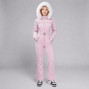 Ensemble de Combinaison de Ski Hiver Femme AQTQ avec Ceinture, Coupe Ajustée, Style Jambe Évasée, Capuche Bordée de Fausse Fourrure, Blanc - Product Image 1
