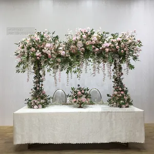 GNW luxury table floral set up silk pink flowers with high stand flower runner and flower ball table decoration for reception