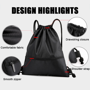 Custom Logo Large Capacity Waterproof Gym Black Blank 420D Polyester Sport <b>Drawstring</b> <b>Backpack</b> Bag with Pocket - Product Image 3